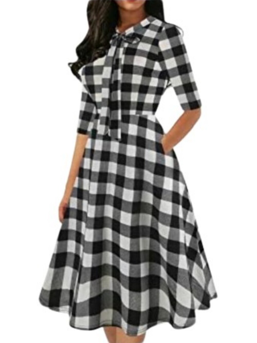 Oxiuly Fashion Black White Tie-Neck Pockets Swing A-line Midi Dress Sz XL